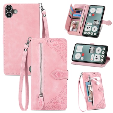 Protective Case For Nothing CMF Phone 1 Embossed Flower Zipper Leather Phone Case Pink