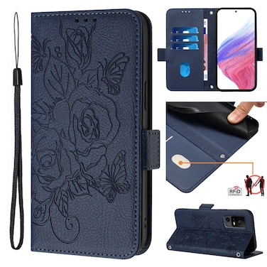 Protective Case For TCL 40R Embossed Rose RFID Anti-theft Leather Phone Case Dark Blue