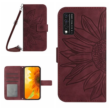 Protective Case For T-Mobile Revvl V+ 5G Skin Feel Sun Flower Pattern Flip Leather Phone Case with Lanyard Wine Red
