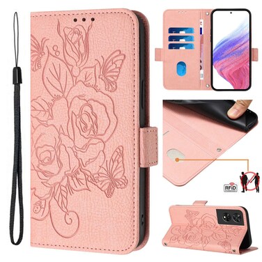 Protective Case For TCL 505 Embossed Rose RFID Anti-theft Leather Phone Case Pink