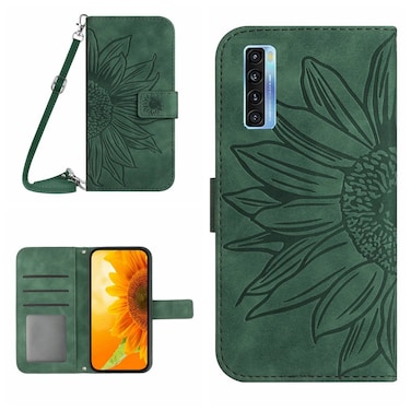Protective Case For TCL 20S / 20 5G / 20L / 20L+ Skin Feel Sun Flower Pattern Flip Leather Phone Case with Lanyard Green