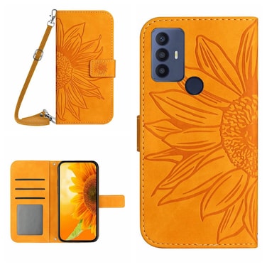 Protective Case For TCL 30 SE/30E/306/305 Skin Feel Sun Flower Pattern Flip Leather Phone Case with Lanyard Yellow