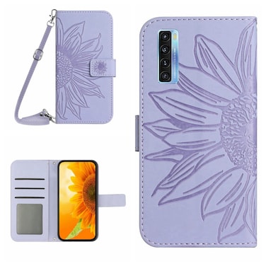 Protective Case For TCL 20S / 20 5G / 20L / 20L+ Skin Feel Sun Flower Pattern Flip Leather Phone Case with Lanyard Purple