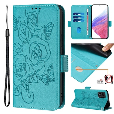 Protective Case For TCL 303 Embossed Rose RFID Anti-theft Leather Phone Case Light Blue
