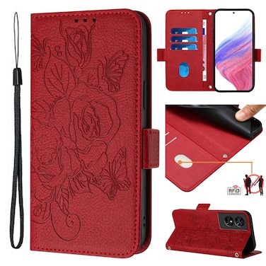 Protective Case For TCL 50 SE Embossed Rose RFID Anti-theft Leather Phone Case Red