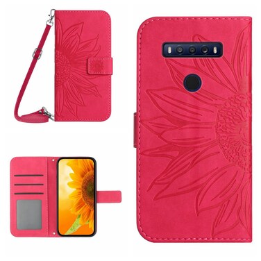 Protective Case For TCL 10 SE Skin Feel Sun Flower Pattern Flip Leather Phone Case with Lanyard Rose Red