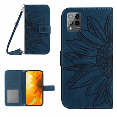 Protective Case For T-Mobile Revvl 6 Pro 5G Skin Feel Sun Flower Pattern Flip Leather Phone Case with Lanyard Inky Blue