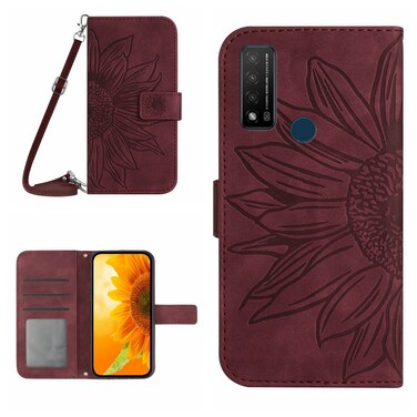 Protective Case For TCL 20 R/20 AX 5G/Bremen 5G Skin Feel Sun Flower Pattern Flip Leather Phone Case with Lanyard Wine Red