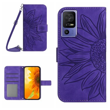 Protective Case For TCL 40 SE HT04 Skin Feel Sun Flower Embossed Flip Leather Phone Case with Lanyard Dark Purple