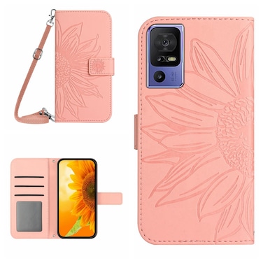 Protective Case For TCL 40 SE HT04 Skin Feel Sun Flower Embossed Flip Leather Phone Case with Lanyard Pink
