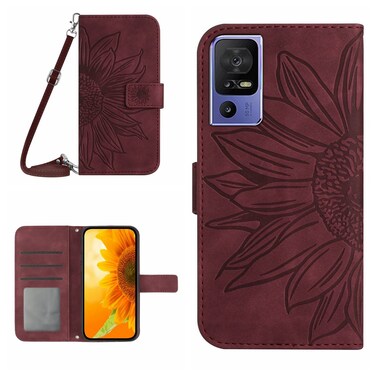 Protective Case For TCL 40 SE HT04 Skin Feel Sun Flower Embossed Flip Leather Phone Case with Lanyard Wine Red