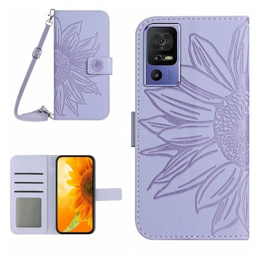 Protective Case For TCL 40 SE HT04 Skin Feel Sun Flower Embossed Flip Leather Phone Case with Lanyard Purple