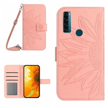 Protective Case For TCL 20 SE Skin Feel Sun Flower Pattern Flip Leather Phone Case with Lanyard Pink