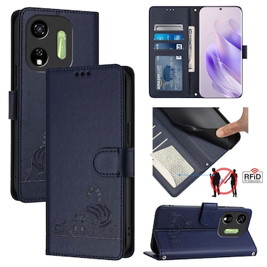 Protective Case For itel P55 5G Cat Rat Embossed Pattern RFID Leather Phone Case with Lanyard Blue