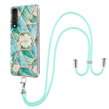 Protective Cover For LG Stylo 7 4G Electroplating Splicing Marble Flower Pattern TPU Shockproof Case with LanyardBlue Flower