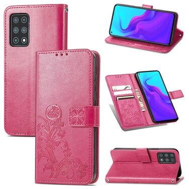 Protective Cover For Cubot X30 Four-leaf Clasp Embossed Buckle Mobile Phone Protection Leather Case with Lanyard &amp; Card Slot &amp; Wallet &amp; Bracket Function Magenta