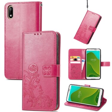 Protective Cover For Wiko Jerry 4 Four-leaf Clasp Embossed Buckle Mobile Phone Protection Leather Case with Lanyard &amp; Card Slot &amp; Wallet &amp; Bracket Function Magenta