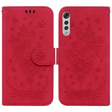 Protective Cover For LG Velvet / G9 5G / 4G Butterfly Rose Embossed Leather Phone Case Red