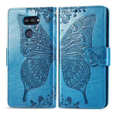 Protective Cover For LG K40S Butterfly Love Flower Embossed Horizontal Flip Leather Case with Bracket / Card Slot / Wallet / Lanyard Blue