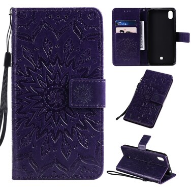 Protective Cover For LG K20  2019 Pressed Printing Sunflower Pattern Horizontal Flip PU Leather Case with Holder &amp; Card Slots &amp; Wallet &amp; Lanyard Purple