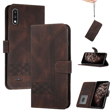 Protective Cover For LG K22 Cubic Skin Feel Flip Leather Phone Case Dark Brown