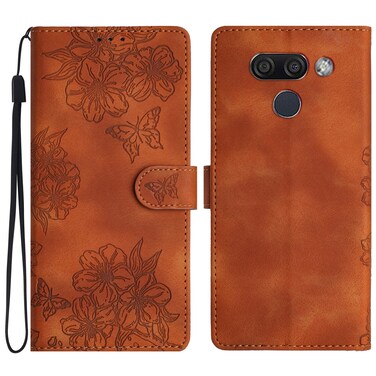 Protective Cover For LG K50 Cherry Blossom Butterfly Skin Feel Embossed PU Phone Case Brown