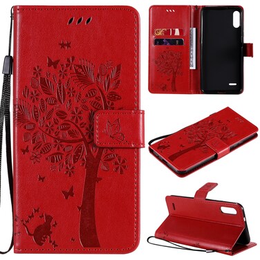 Protective Cover For LG K22 / K22 Plus Tree &amp; Cat Pattern Pressed Printing Horizontal Flip PU Leather Case with Holder &amp; Card Slots &amp; Wallet &amp; Lanyard Red