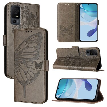 Protective Cover For TCL 40 XL / 40 T T608DL Embossed Butterfly Leather Phone Case Grey