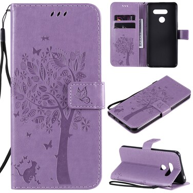 Protective Cover For LG K50S Tree &amp; Cat Embossed Pattern Horizontal Flip Leather Case with Holder &amp; Card Slots &amp; Wallet &amp; Lanyard Light Purple