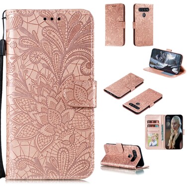 Protective Cover For LG K51S Lace Flower Horizontal Flip Leather Case with Holder &amp; Card Slots &amp; Wallet &amp; Photo Frame Rose Gold