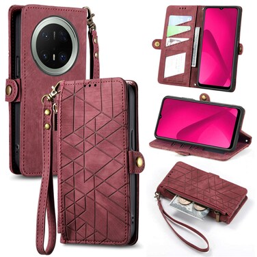 Protective Cover For Huawei Mate 70 Pro Geometric Zipper Wallet Side Buckle Leather Phone Case (Red)