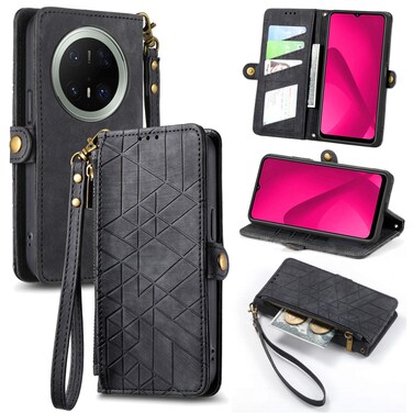 Protective Cover For Huawei Mate 70 Pro Geometric Zipper Wallet Side Buckle Leather Phone Case (Black)