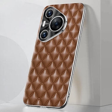 Protective Cover For Huawei Pura 70 Silver Edge Rhombic Texture PU Leather Phone Case (Brown)