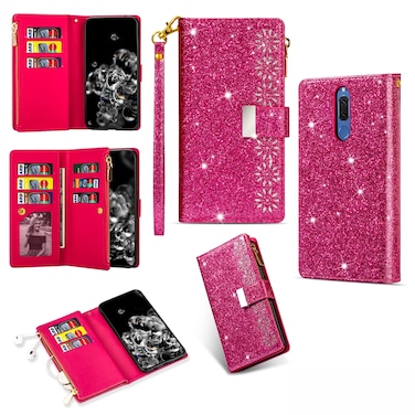 Protective Cover For Huawei Mate 10 Lite Multi-card Slots Starry Sky Laser Carving Glitter Zipper Horizontal Flip Leather Case with Holder &amp; Wallet &amp; Lanyard (Rose Red)