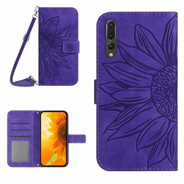 Protective Cover For Huawei P20 Pro Skin Feel Sun Flower Pattern Flip Leather Phone Case with Lanyard (Dark Purple)