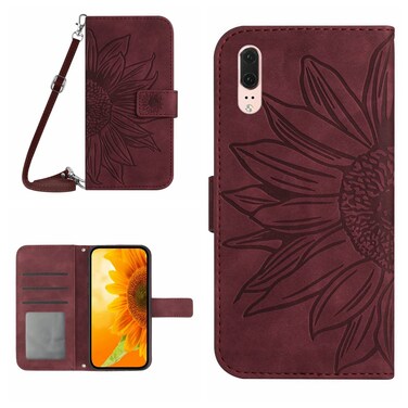 Protective Cover For Huawei P20 Skin Feel Sun Flower Pattern Flip Leather Phone Case with Lanyard (Wine Red)