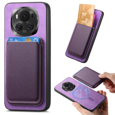 Protective Cover For Honor Magic6 5G Retro Magsafe Card Bag PU Back Cover Phone Case (Purple)