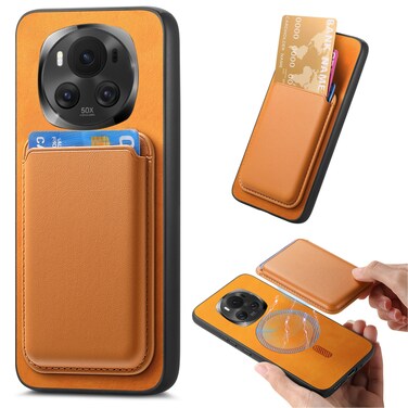 Protective Cover For Honor Magic6 5G Retro Magsafe Card Bag PU Back Cover Phone Case (Yellow)