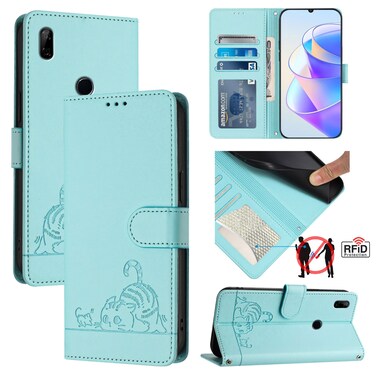 Protective Cover For Huawei Y9 Prime 2019 Cat Rat Embossed Pattern RFID Leather Phone Case with Lanyard (Mint Green)