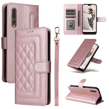 Protective Cover For Huawei P20 Pro Diamond Lattice Leather Flip Phone Case (Rose Gold)