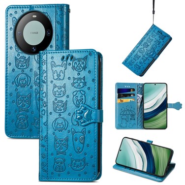 Protective Cover For Huawei Mate 60 Cat and Dog Embossed Leather Phone Case (Blue)