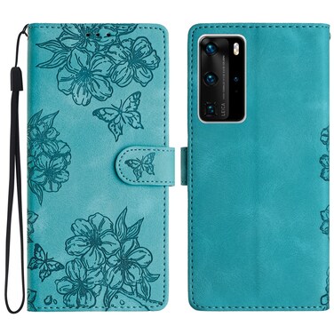 Protective Cover For Huawei P40 Pro Cherry Blossom Butterfly Skin Feel Embossed PU Phone Case (Green)
