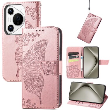Protective Cover For Huawei Pura 70 Pro Butterfly Love Flower Embossed Leather Phone Case (Rose Gold)