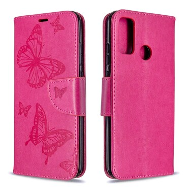 Protective Cover For Huawei P Smart  (2020) Two Butterflies Embossing Pattern Horizontal Flip Leather Case with Holder &amp; Card Slot &amp; Wallet &amp; Lanyard (Rose Red)