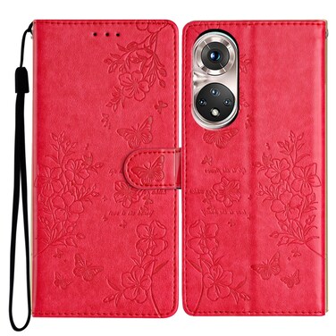 Protective Cover For Huawei P50 Pro Butterflies And Flowers Leather Phone Case (Red)