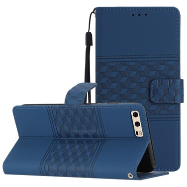 Protective Cover For Huawei P10 Plus Diamond Embossed Skin Feel Leather Phone Case with Lanyard (Dark Blue)