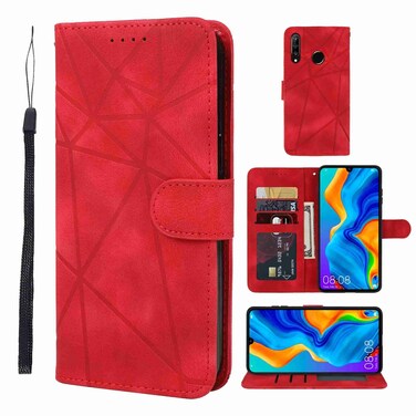 Protective Cover For Huawei P30 Lite Skin Feel Geometric Lines Leather Phone Case (Red)