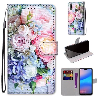 Protective Cover For Huawei P20 Lite / nova 3e Coloured Drawing Cross Texture Horizontal Flip PU Leather Case with Holder &amp; Card Slots &amp; Wallet &amp; Lanyard (Light Pink Bouquet)
