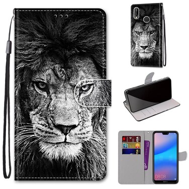 Protective Cover For Huawei P20 Lite / nova 3e Coloured Drawing Cross Texture Horizontal Flip PU Leather Case with Holder &amp; Card Slots &amp; Wallet &amp; Lanyard (B11 Black White Lion Head)
