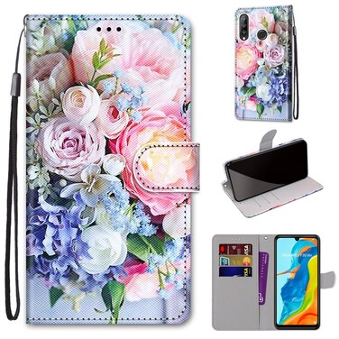 Protective Cover For Huawei P30 Lite Coloured Drawing Cross Texture Horizontal Flip PU Leather Case with Holder &amp; Card Slots &amp; Wallet &amp; Lanyard (Light Pink Bouquet)